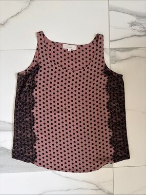LOFT Tan/pink Pink Polka Dot Tank with Black Lace Panels
